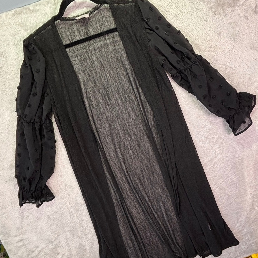 Ember Women Duster Cardigan M Black Sheer Mesh Swiss Dot Balloon Sleeve STA1724